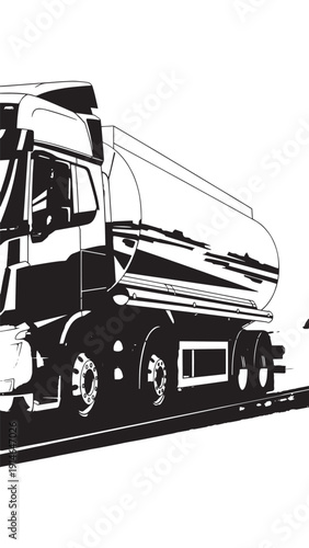 Monochrome Illustration of a Large Truck and Trailer on the Road.