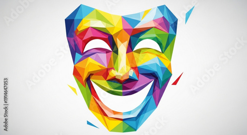 Vibrant theatrical mask with colorful geometric shapes smiling on white background with gradient