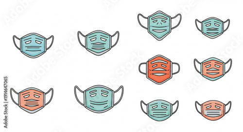 Colorful illustration of multiple face masks in rows on white background for health and safety concepts