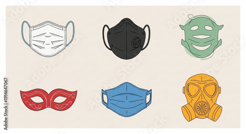 Various colorful protective face masks and filters for safety and health protection different designs and styles