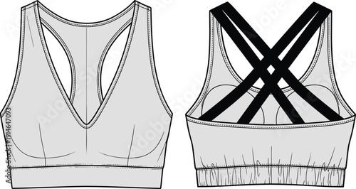 Front and back technical line drawing of women sports bra with crisscross straps, athletic activewear design illustration template for apparel production