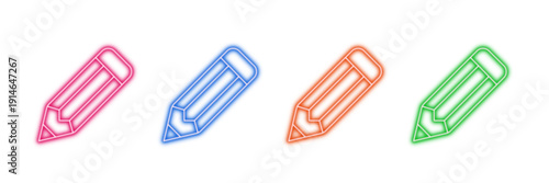 Neon glowing pencil vector icons set, education, school, learning, creativity, art, writing, drawing, vibrant colorful digital design illustration on transparent background.
