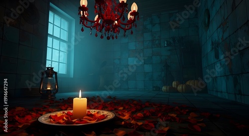 A dimly lit room with a candle and chandelier