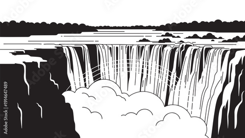 Majestic black and white waterfall cascading over rugged cliffs with mist and spray.