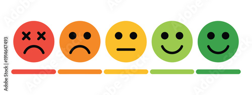 Feedback Scale with Five Emoji Faces, customer satisfaction meter from unhappy to happy, perfect for survey forms. vector
