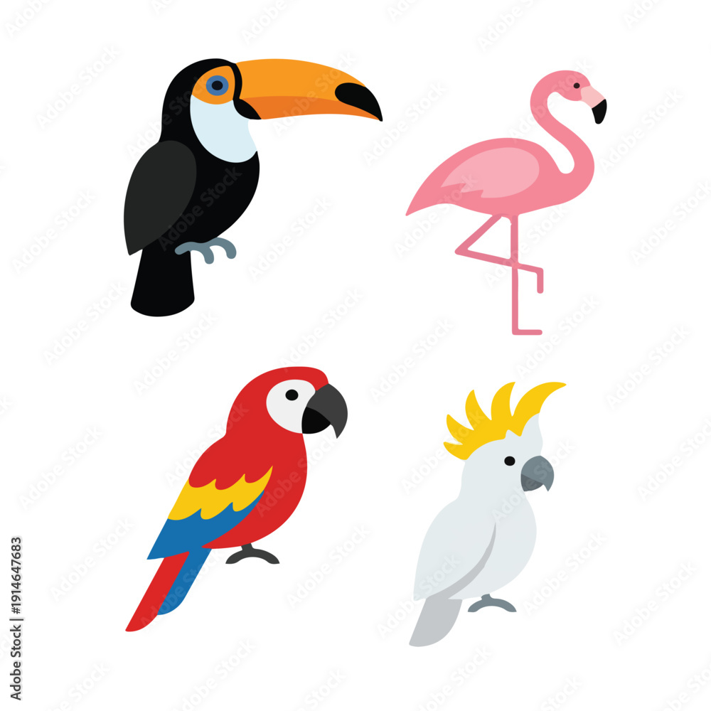 Fototapeta premium Colorful Tropical Bird Toucan Flamingo Parrot Icon Set