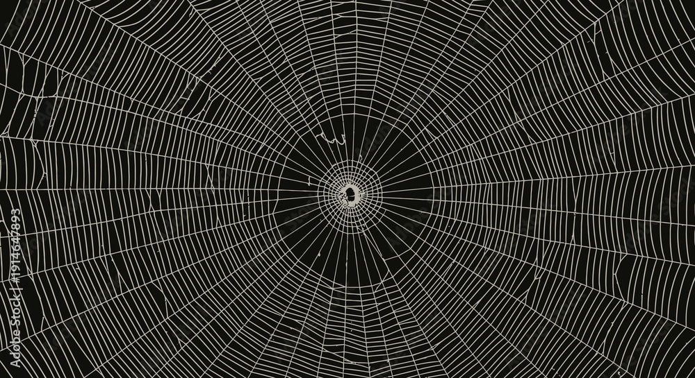 Fototapeta premium Spider web with dew drops on a dark background forming a delicate circular pattern texture illustration