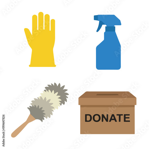 Spring Cleaning Tool and Donation Box Icon Set