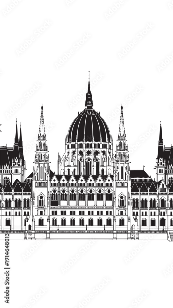 Obraz premium Budapest Parliament Building with Domes and Spires Dominating the Skyline.