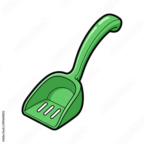 Green poop scoop with ergonomic handle isolated on white background, featuring slotted design for efficient cleaning, cartoon style illustration