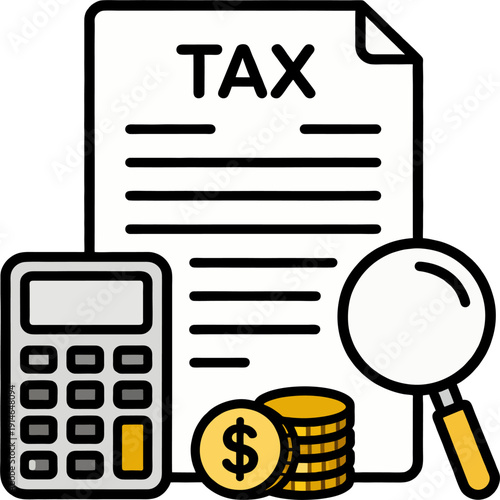 Tax Document with Calculator and Magnifying Glass Vector Illustration - Financial Audit Review Icon