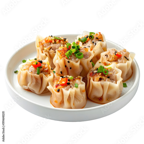 A single steamed mini pork shumai dumpling with an open top, isolated on a pure white background