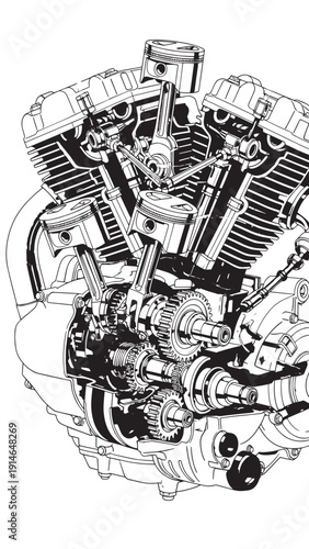 Detailed black and white motorcycle engine illustration showing components.