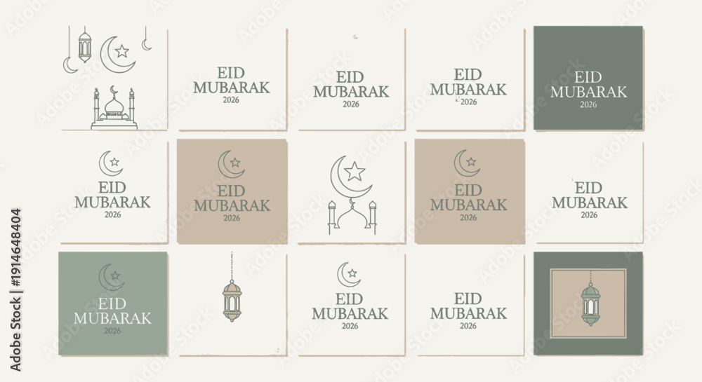 Obraz premium Collection of minimalist Eid Mubarak greeting card designs with Islamic motifs and calligraphy.