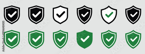 Security Shield Icons Set, shields with check marks and padlocks, isolated on transparent background, protection and safety symbols, secure access and cybersecurity vector.