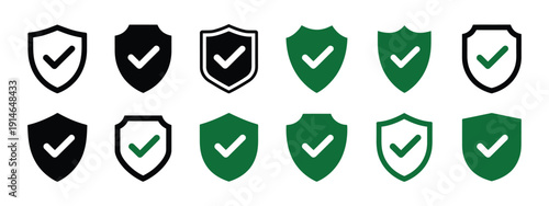 Security Shield Icons Set, shields with check marks and padlocks, isolated on transparent background, protection and safety symbols, secure access and cybersecurity vector.