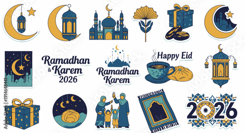 Collection of Ramadan and Eid themed icons and illustrations for 2026 celebration.