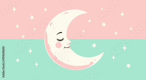 Illustration of a peaceful crescent moon with a smiling face and closed eyes on a pastel background with stars.