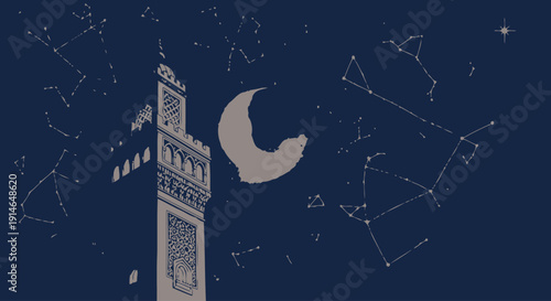 Night sky with constellation patterns surrounding a tower and crescent moon.