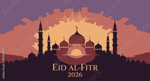 Silhouette of mosque at sunset with Eid al-Fitr 2026 greeting.