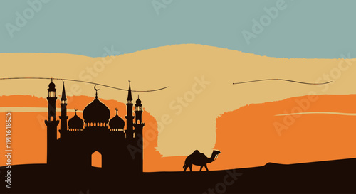 Silhouette of a mosque and camel against a colorful desert sunset sky.
