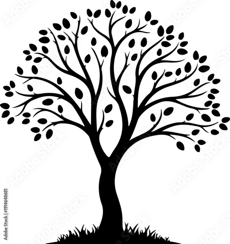 lone tree with gently curved branches and base grass Vector Art
