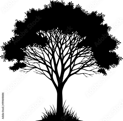 lone tree with gently curved branches and base grass Vector Art