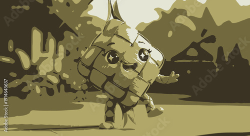 Cute cartoon cactus character walking in desert landscape with mountains.