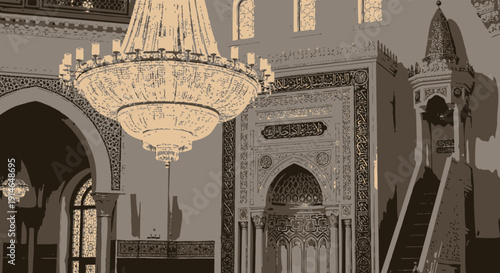 Elegant interior of a historic mosque with intricate Islamic architectural details and a large chandelier.