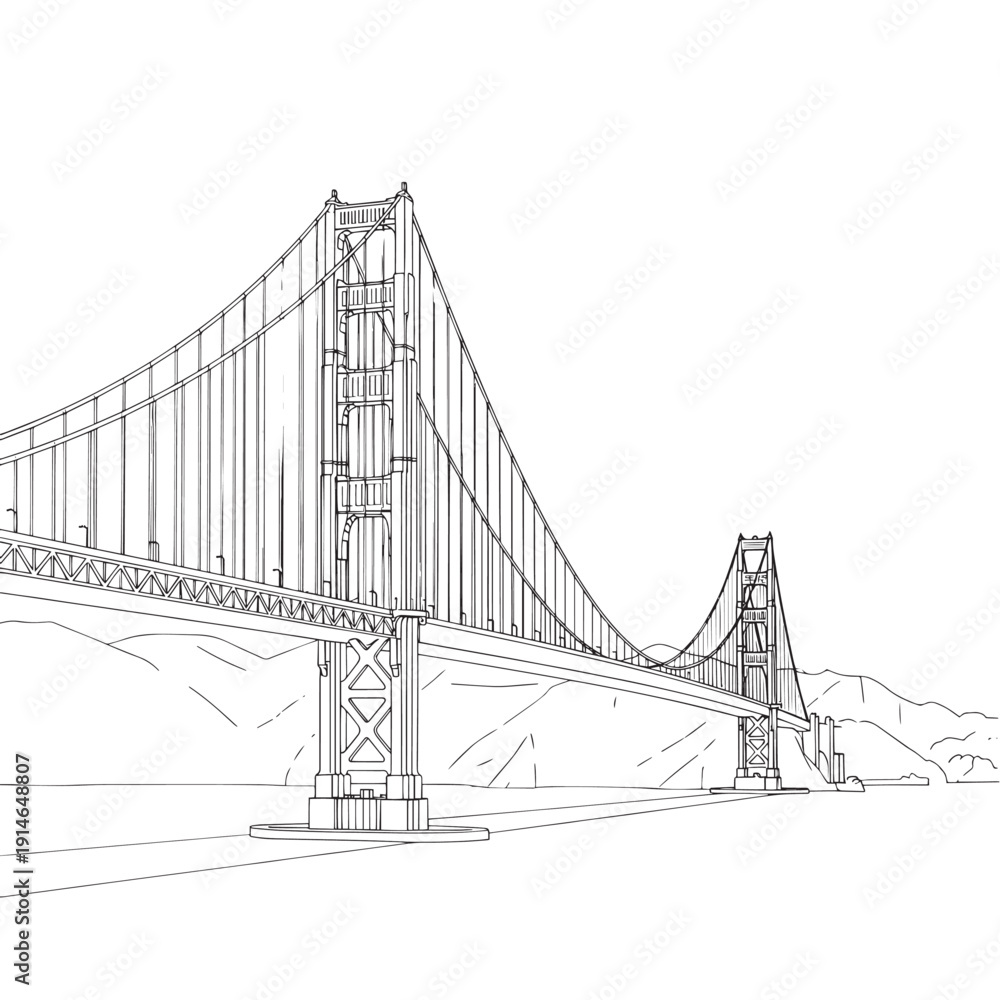 Fototapeta premium Sketch of a Suspension Bridge with Towers and Cables Over a Bay, Architectural Perspective.