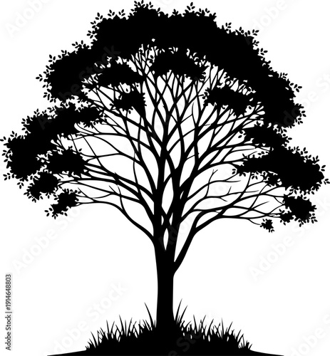 lone tree with gently curved branches and base grass Vector Art