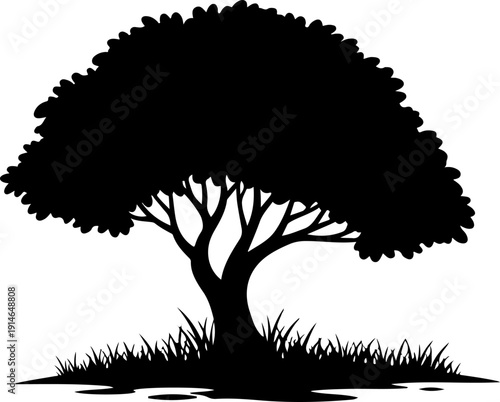 lone tree with gently curved branches and base grass Vector Art