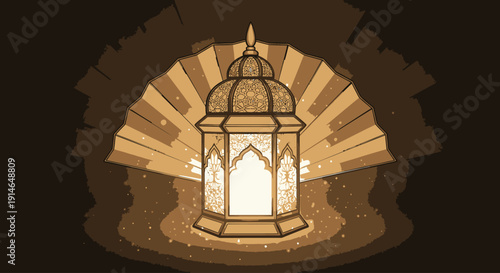 Decorative vintage lantern glowing with warm light in dark background.