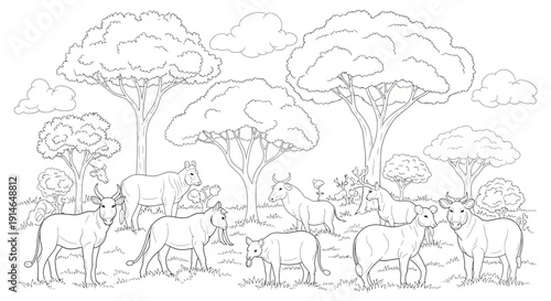 African Savannah Coloring Page with Cattle and Trees.