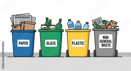 Colorful recycling bins for paper glass plastic and non general waste on a gray floor