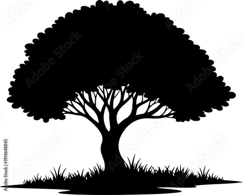 lone tree with gently curved branches and base grass Vector Art