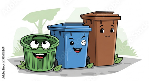 Three smiling trash cans in recycling green and brown colors on a gray surface with leaves and trees in the background