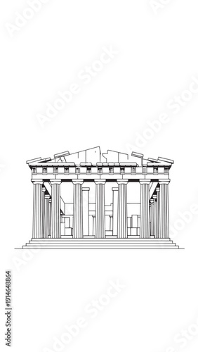 Classical Greek temple facade with Doric columns and pediment architecture.