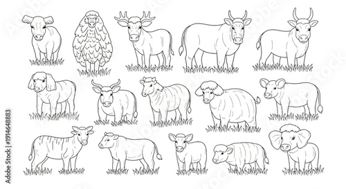 Diverse Collection of Line Art Bovine and Ovine Animals.