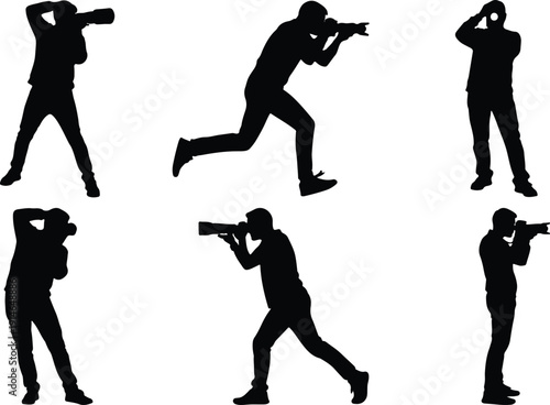 Dynamic silhouettes of photographers in action, running and aiming cameras, illustrating pursuit and capturing fleeting moments.
