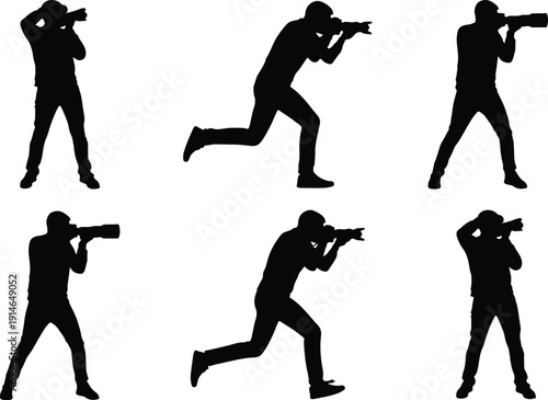 Set of active photographer silhouettes, capturing images with cameras while running and posing, depicting dedication and skill.