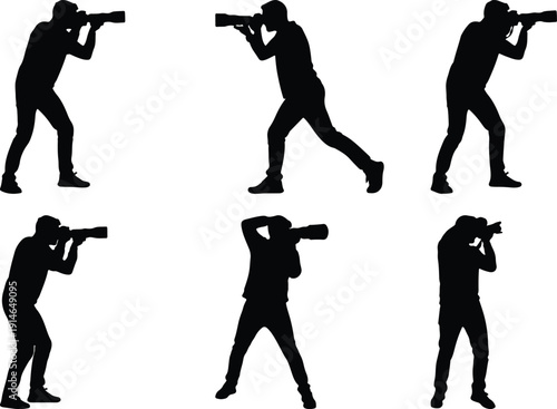 Collection of six distinct silhouette poses of a photographer actively engaged in shooting with a large camera and lens.