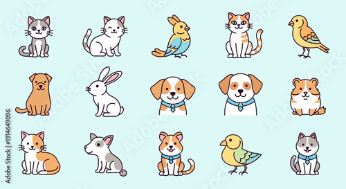 Cute Pet Animal Icons Collection - Vector Illustration Set.