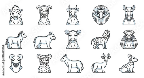 Collection of Animal Head and Body Outlines for Design.