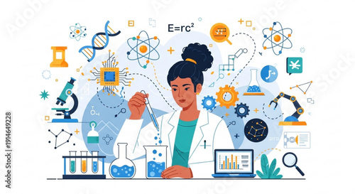 Female scientist in lab coat analyzing samples with various scientific symbols and equipment around her in a laboratory setting with a computer and test tubes