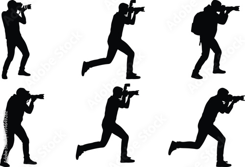 Diverse silhouette representations of a photographer with camera and backpack, in dynamic poses, isolated on white background.