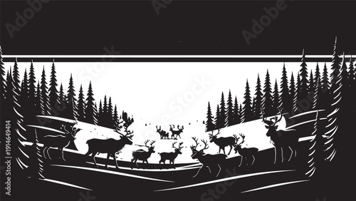 Silhouetted wolves chasing through a moonlit forest landscape in black and white.