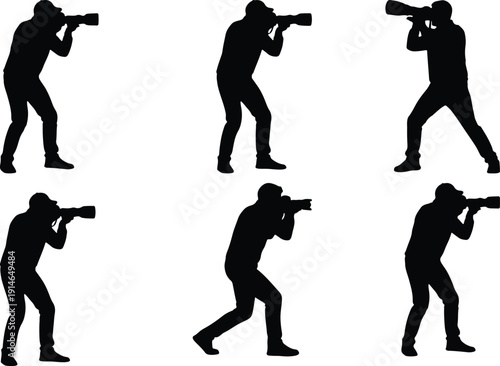 Silhouette of a photographer in various poses, capturing images with a professional camera and telephoto lens, isolated on white.