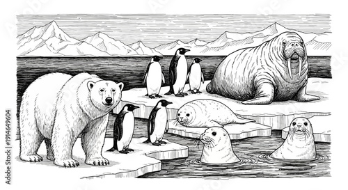 Arctic Wildlife Scene - Polar Bear, Penguins, Seals, and Walrus.