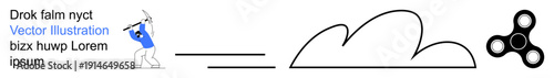 Creativity, digital tools, movement, abstract , technology, playful dynamics. A person with a tool, a cloud shape and a spinner-thumbs up object. Creativity and digital tools concepts